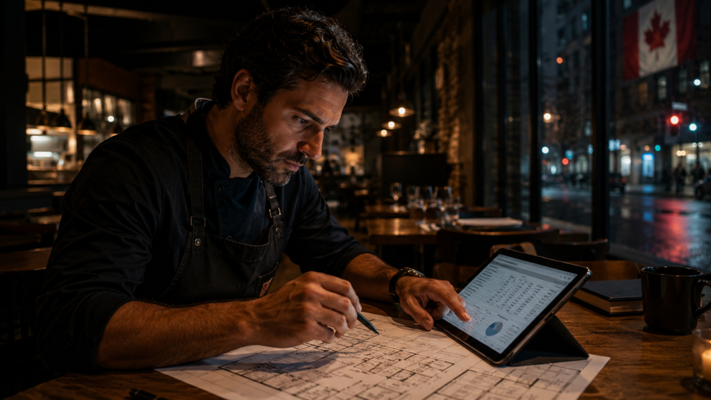 An operational chef looking at a restaurant financial spreadsheet and floor plan blueprint inside a Canadian casual dining restaurant, illustrating survival strategies for 2026.