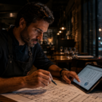 An operational chef looking at a restaurant financial spreadsheet and floor plan blueprint inside a Canadian casual dining restaurant, illustrating survival strategies for 2026.