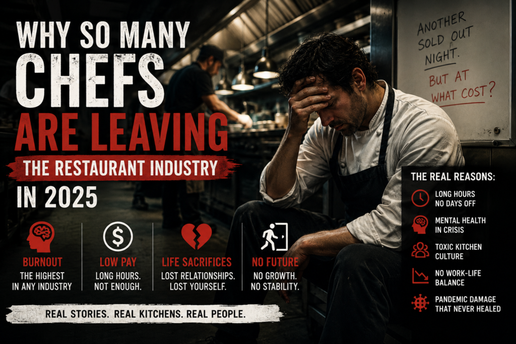 Exhausted restaurant chef sitting in a commercial kitchen during late-night service, representing chef burnout, low pay, toxic kitchen culture, and why chefs are leaving the restaurant industry in 2025.