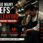 Exhausted restaurant chef sitting in a commercial kitchen during late-night service, representing chef burnout, low pay, toxic kitchen culture, and why chefs are leaving the restaurant industry in 2025.