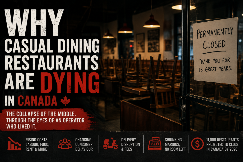 Closed casual dining restaurant in Canada with empty tables and a “Permanently Closed” sign, illustrating the collapse of the Canadian casual dining industry in 2026.