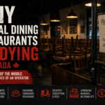 Closed casual dining restaurant in Canada with empty tables and a “Permanently Closed” sign, illustrating the collapse of the Canadian casual dining industry in 2026.