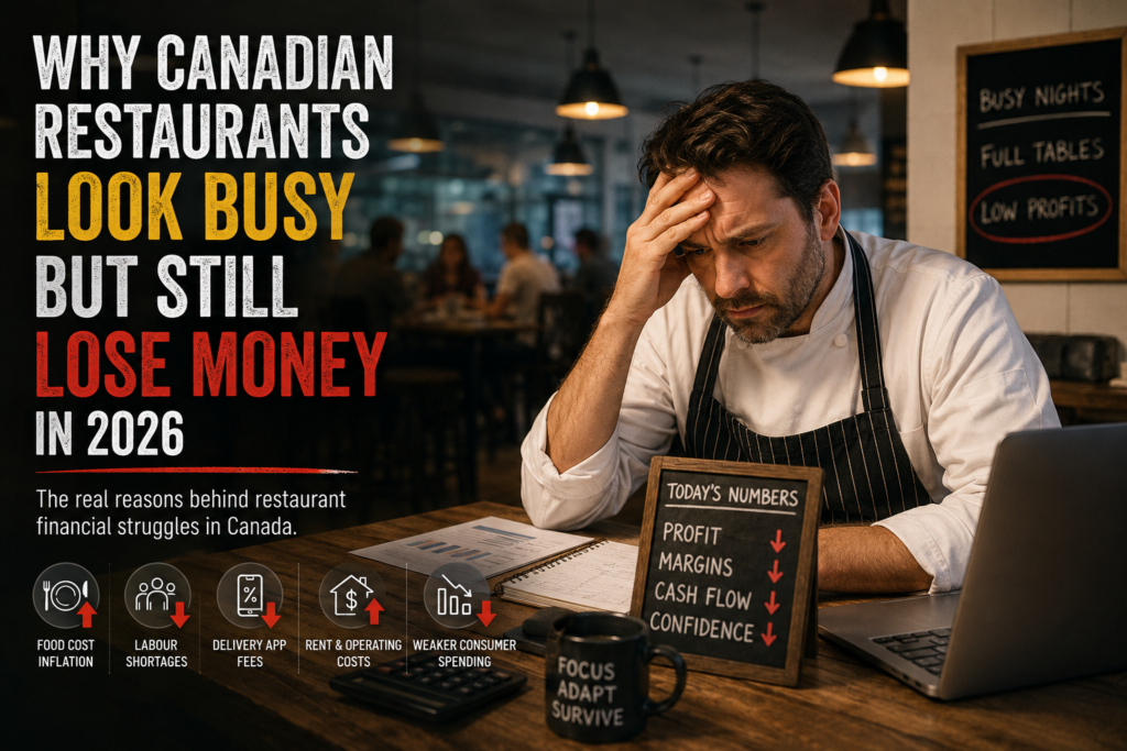 Restaurant owner reviewing financial costs during economic pressure in Canada