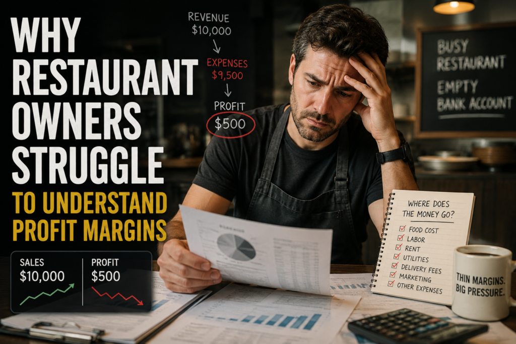 Restaurant owner analyzing restaurant profit margins and financial reports in 2026