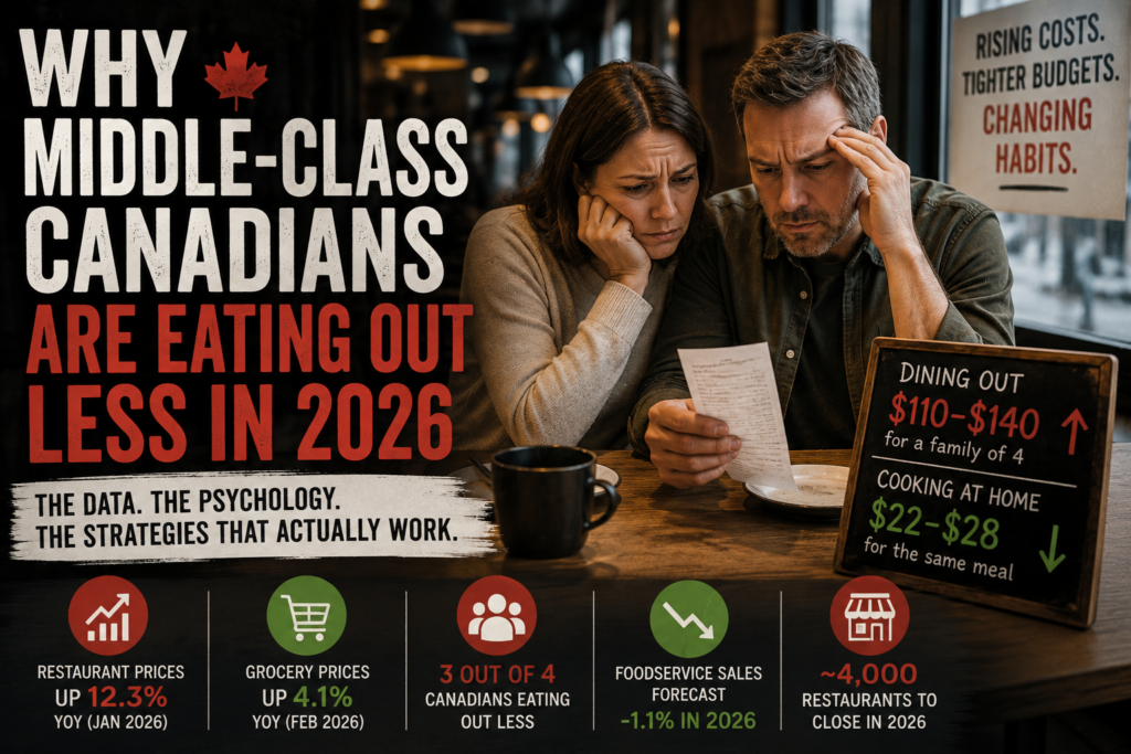 Middle-class Canadian couple stressed over restaurant bills in 2026 as dining costs rise faster than groceries.