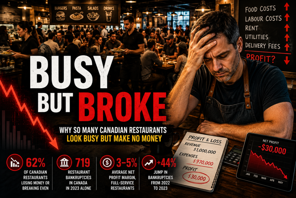 Busy Canadian restaurant dining room with stressed restaurant owner and falling profit margins in 2026