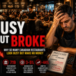 Busy Canadian restaurant dining room with stressed restaurant owner and falling profit margins in 2026